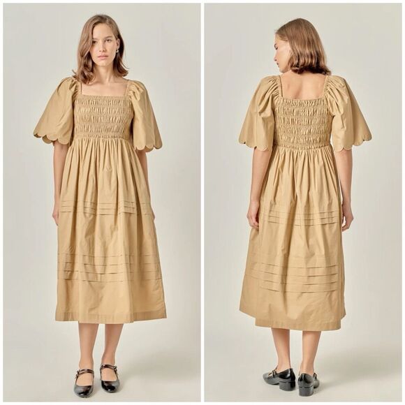 English Factory Scallop Puff Sleeve Midi Dress Tiered Tan Brown Cottagecore XS - Picture 1 of 14